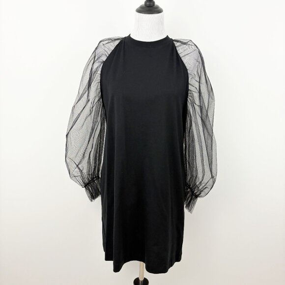 MSGM Black Long Tulle Sleeve Dress Size S Cotton Jersey Mini Crewneck - Picture 2 of 12